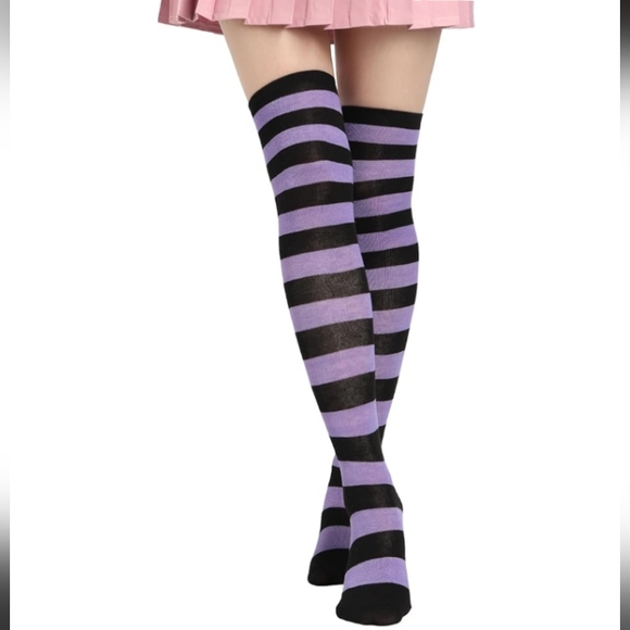 Over the Knee Striped Socks Black and Purple OTK Thigh High Tights New - Picture 7 of 16